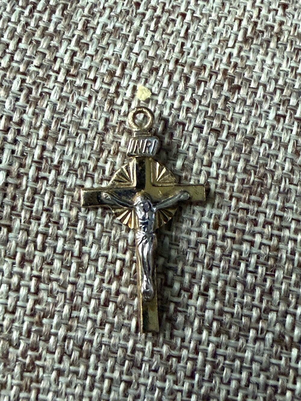 14kt GF White Yellow Gold Cross INRI Religious Crucifix Minimalist Modernist